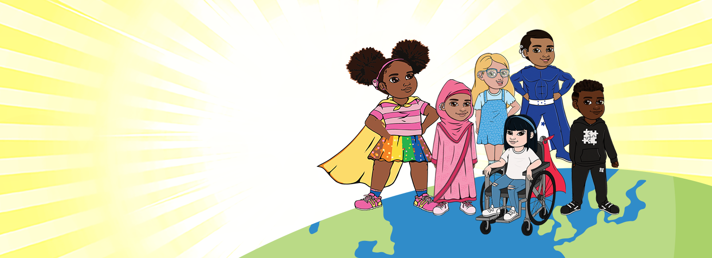 The Adventures of Billie BAHA and her super HEARo friends — Billie and her friends standing together on a globe